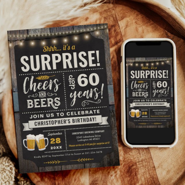 Surprise Cheers and Beers Invitation 60e anniversa (Surprise Cheers and Beers 60th Birthday Invitation)