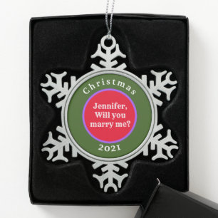 SURPRISE CHRISTMAS MARRIAGE PROPOSAL SNOWFLAKE PEW SNOWFLAKE PEWTER CHRISTMAS ORNAMENT
