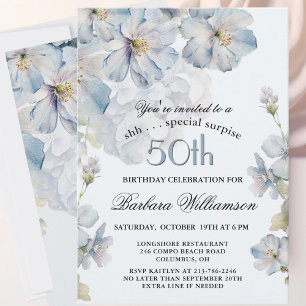 SURPRISE Elegant Blue Floral 50th Birthday  Invitation