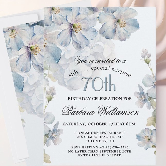 SURPRISE Elegant Blue Floral 70th Birthday  Invitation (Creator Uploaded)