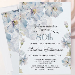 SURPRISE Elegant Blue Floral 80th Birthday  Invitation