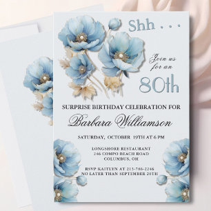 SURPRISE Elegant Blue Floral 80th Birthday Invitation