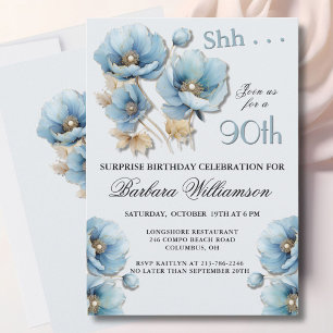 SURPRISE Elegant Blue Floral 90th Birthday Invitation