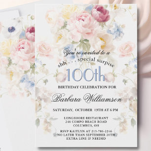 SURPRISE Elegant Painted Floral 100th Birthday  Invitation