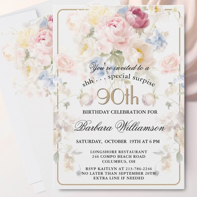 SURPRISE Elegant Painted Floral 90th Birthday  Invitation (Creator Uploaded)