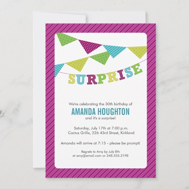 Surprise Flags Surprise Party Invitation in Purple (Front)