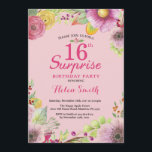 Surprise Floral 16th Birthday Invitation for Women<br><div class="desc">Surprise Floral 16th Birthday Invitation for Women. Watercolor Floral,  Pink Background. 16th 18th 21st 30th 40th 50th 60th 70th 80th 90th 100th. Any Age. For further customization,  please click the "Customize it" button and use our design tool to modify this template.</div>