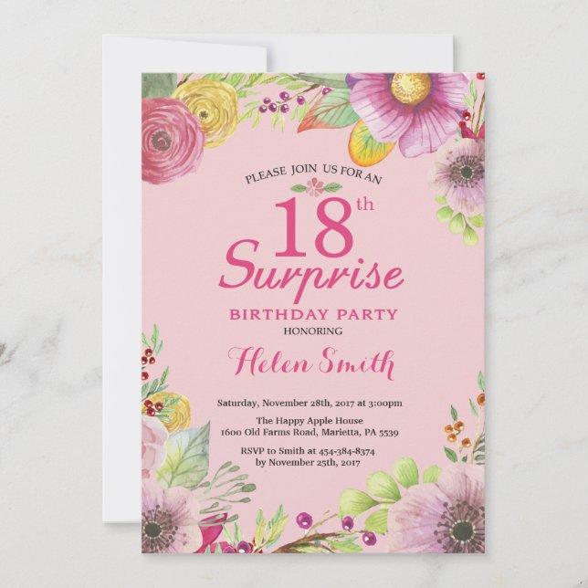 Surprise Floral 18e anniversaire Invitation pour f (Devant)
