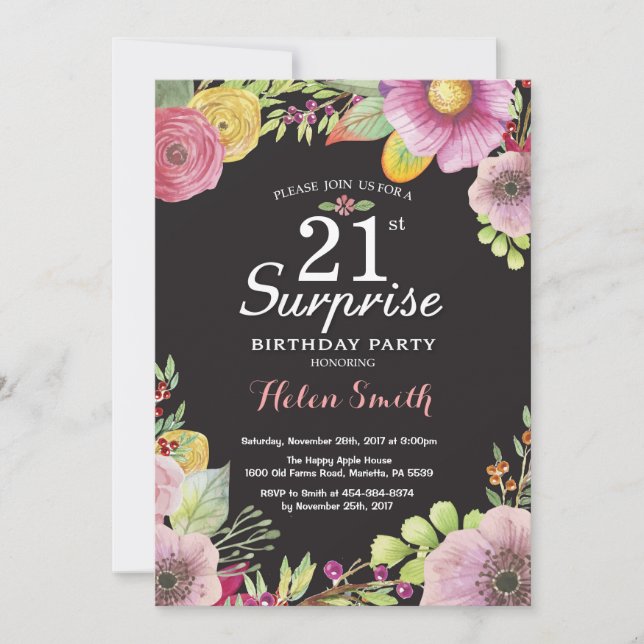 Surprise Floral 21st Birthday Invitation for Women (Front)