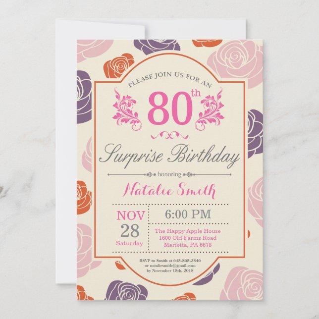 Surprise Floral 80e anniversaire Invitation Rose r (Devant)
