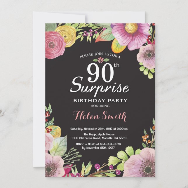 Surprise Floral 90e anniversaire Invitation pour f (Devant)