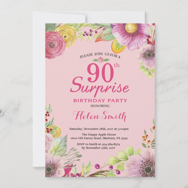 Surprise Floral 90th Birthday Invitation for Women (Front)