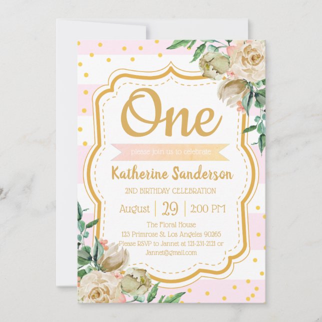 Surprise Floral Blush Pink Stripes Birthday Party Invitation (Front)