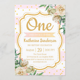Surprise Floral Blush Pink Stripes Birthday Party Invitation