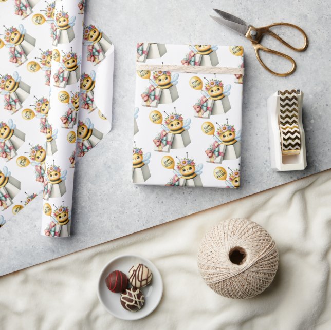 Surprise gift box with bee with balloon birthday wrapping paper (Crafts)