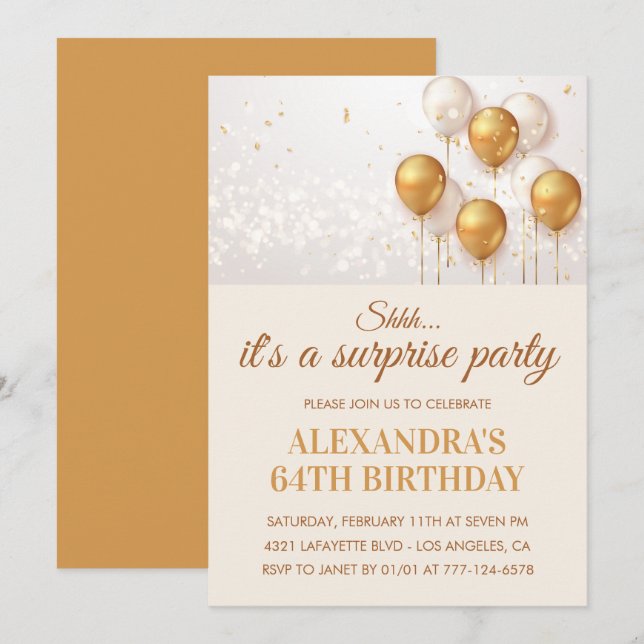 Surprise Gold Ballons 64e anniversaire invitations (Devant / Derrière)