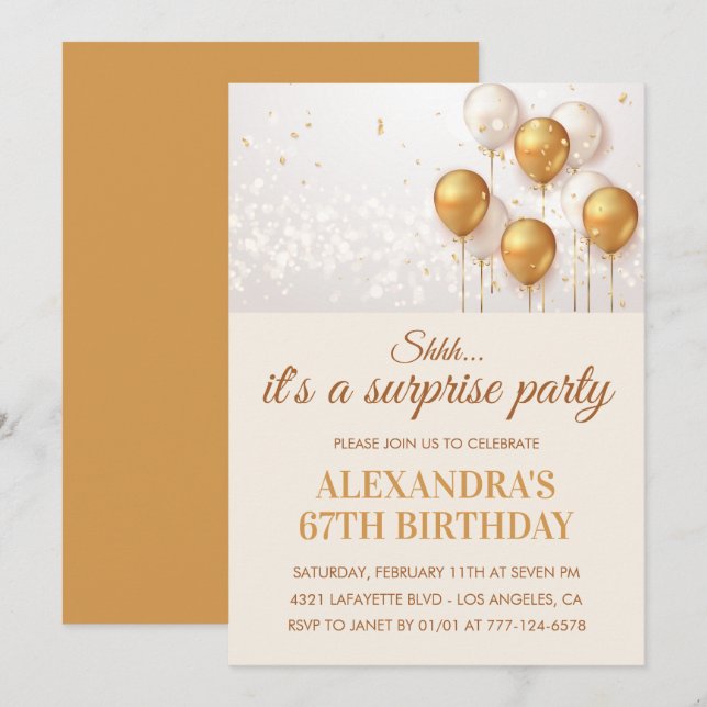 Surprise Gold Ballons 67e anniversaire invitations (Devant / Derrière)