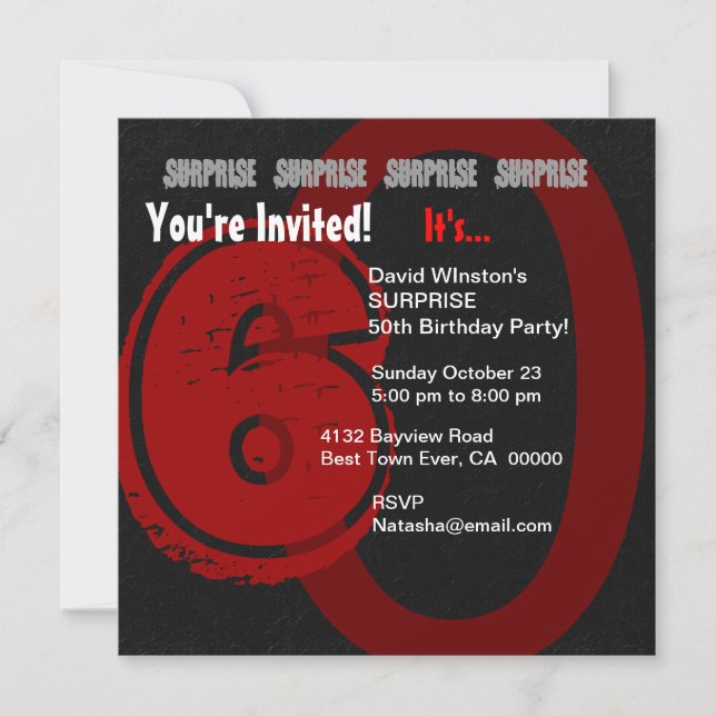SURPRISE Grunge 60th Birthday Red and Black W204 Invitation