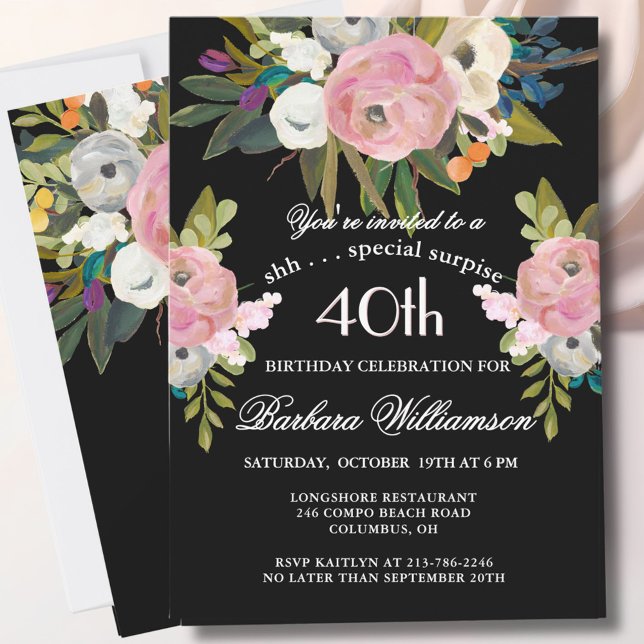 SURPRISE Handpainted Floral 40th Birthday Party  Invitation (Creator Uploaded)