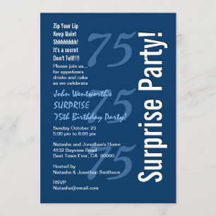 SURPRISE Modern 75th Birthday Navy Blue and White Invitation