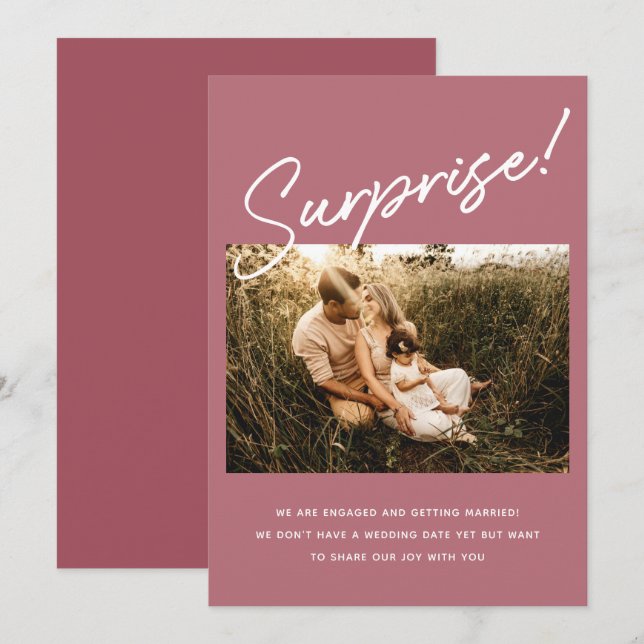 Surprise Modern Dusty Rose Blush Engagement Photo Save The Date (Front/Back)