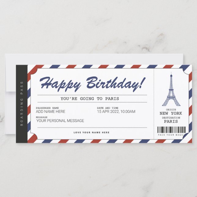 Surprise Paris Trip Boarding Pass Vacation Ticket (Front)