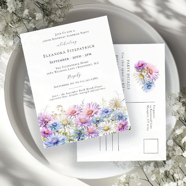 SURPRISE PARTY 100 Birthday September Birth Flower Invitation Postcard (Creator Uploaded)