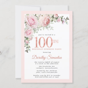 SURPRISE PARTY 100th Birthday Blush Pink Floral Invitation