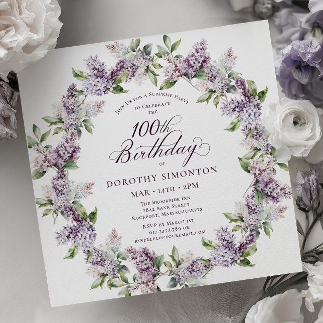 SURPRISE PARTY 100th Birthday Purple Lilac Floral Invitation (Creator Uploaded)