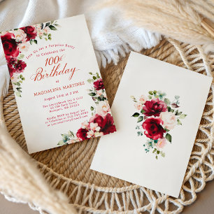 SURPRISE PARTY 100th Birthday Red Pink Floral Invitation