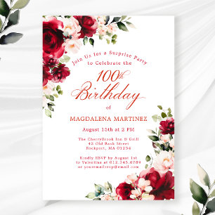 SURPRISE PARTY 100th Birthday Red Pink Floral Invitation