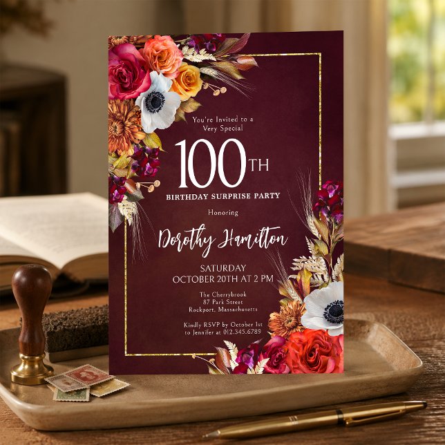 SURPRISE PARTY 100th Burgundy Fall Flowers Invitation (Creator Uploaded)