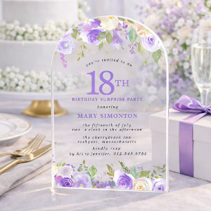 SURPRISE PARTY 18th Birthday Purple Floral Clear Acrylic Invitations