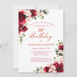 SURPRISE PARTY 18th Birthday Red Pink Floral Invitation