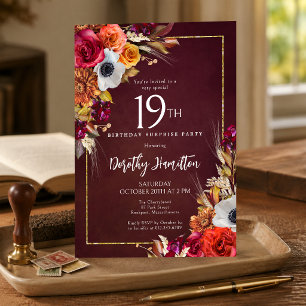 SURPRISE PARTY 19th Birthday Burgundy Fall Flowers Invitation