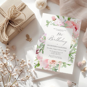 SURPRISE PARTY 19th Birthday Elegant Pink Peony Invitation