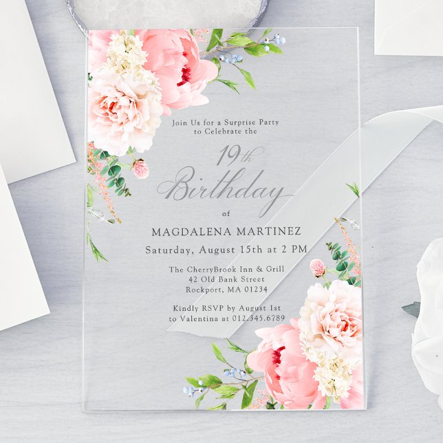 SURPRISE PARTY 19th Birthday Pink Peony Floral Acrylic Invitations (Creator Uploaded)