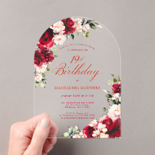 SURPRISE PARTY 19th Birthday Red Pink Floral Arch Acrylic Invitations