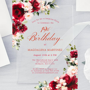 SURPRISE PARTY 19th Birthday Red Rose Pink Peony  Acrylic Invitations
