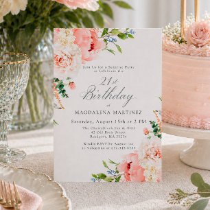 SURPRISE PARTY 21st Birthday Feminine Pink Floral Invitation