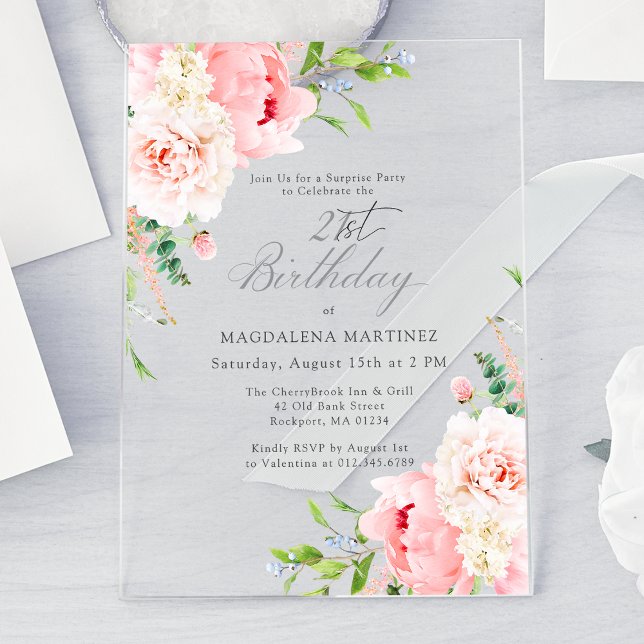 SURPRISE PARTY 21st Birthday Pink Peony Floral Acrylic Invitations (Creator Uploaded)