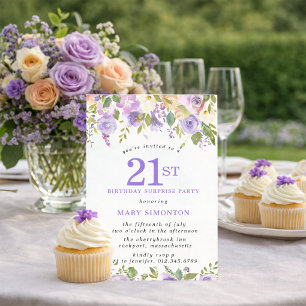 SURPRISE PARTY 21st Birthday Pretty Purple Floral Invitation