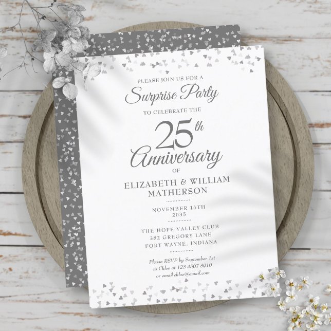 Surprise Party 25th Anniversary Silver Hearts  Announcement Postcard (Creator Uploaded)