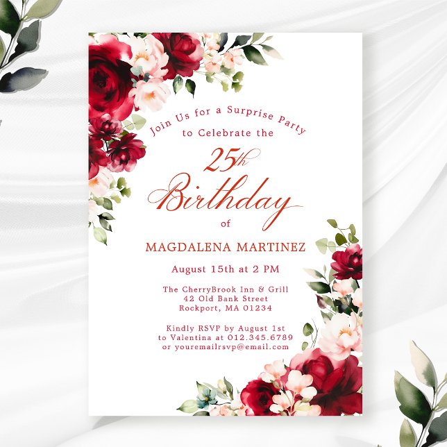 SURPRISE PARTY 25th Birthday Red Pink Floral Invitation (Creator Uploaded)