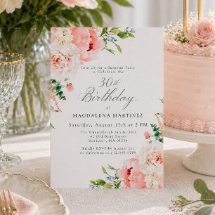 SURPRISE PARTY 30th Birthday Feminine Pink Floral Invitation