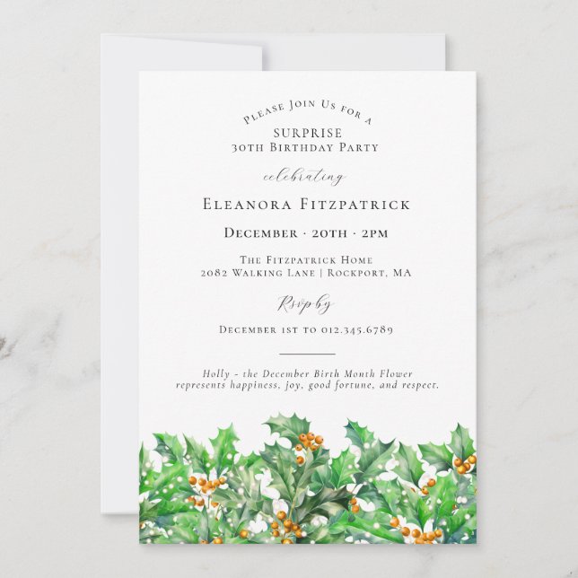 SURPRISE PARTY 30th Holly December Birth Flower Invitation (Front)