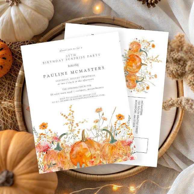 SURPRISE PARTY 35th Birthday Pumpkin Wildflower Invitation Postcard (Creator Uploaded)