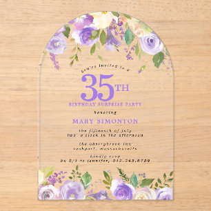 SURPRISE PARTY 35th Birthday Purple Floral Clear Acrylic Invitations