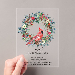 SURPRISE PARTY 40th Birthday Cardinal Wreath Acrylic Invitations
