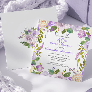 SURPRISE PARTY 40th Birthday Purple Floral Square Invitation